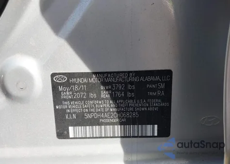 2012 Hyundai Elantra Gls z USA, uszkodzony, nr VIN 5NPDH4AE2CH068285